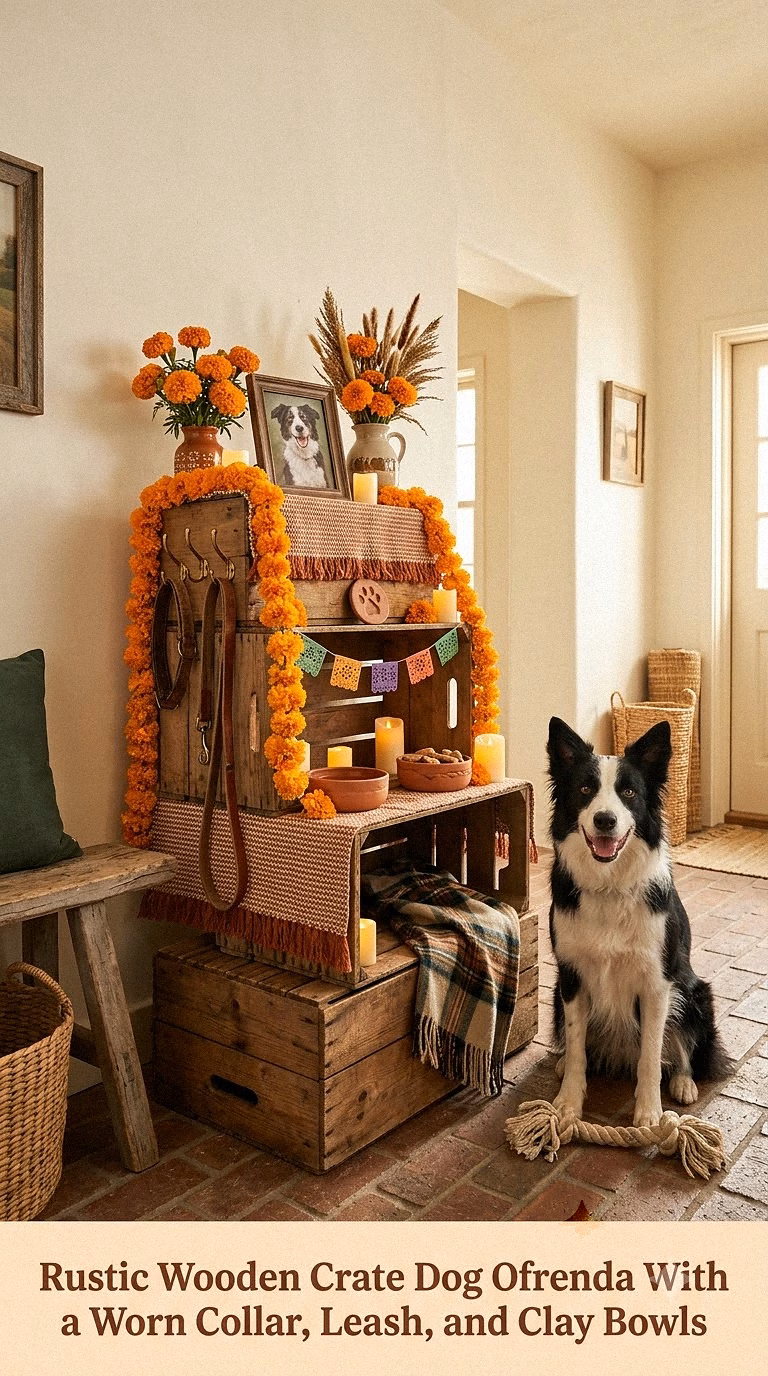 3. Rustic Wooden Crate Dog Ofrenda With a Worn Collar, Leash, and Clay Bowls