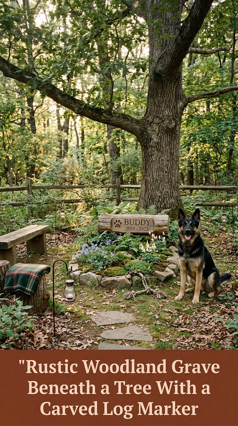 3. Rustic Woodland Grave Beneath a Tree With a Carved Log Marker