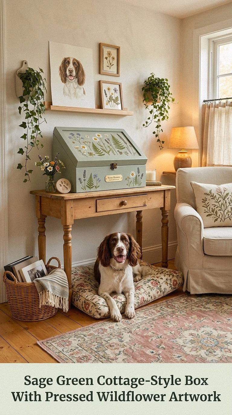 3. Sage Green Cottage-Style Box With Pressed Wildflower Artwork