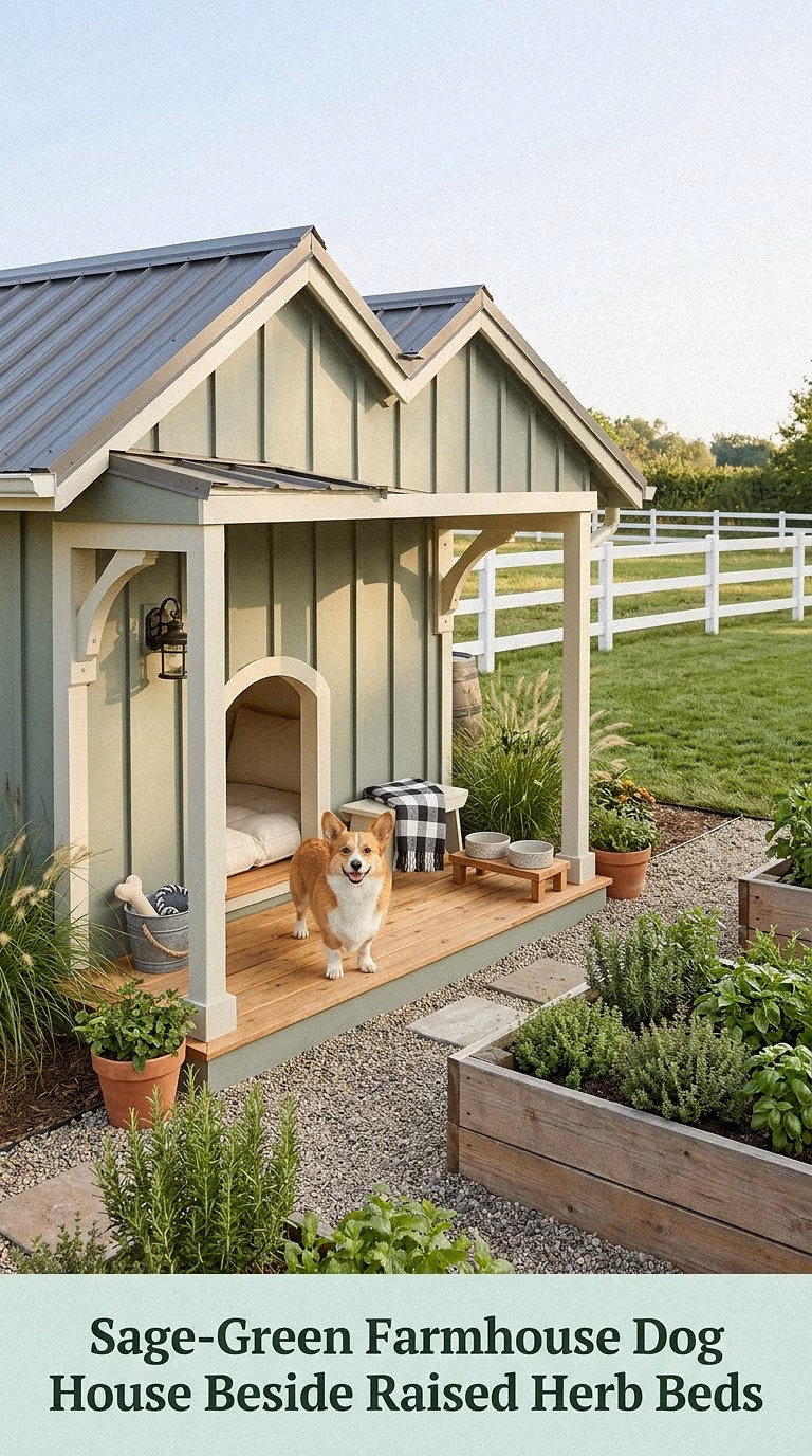 3. Sage-Green Farmhouse Dog House Beside Raised Herb Beds