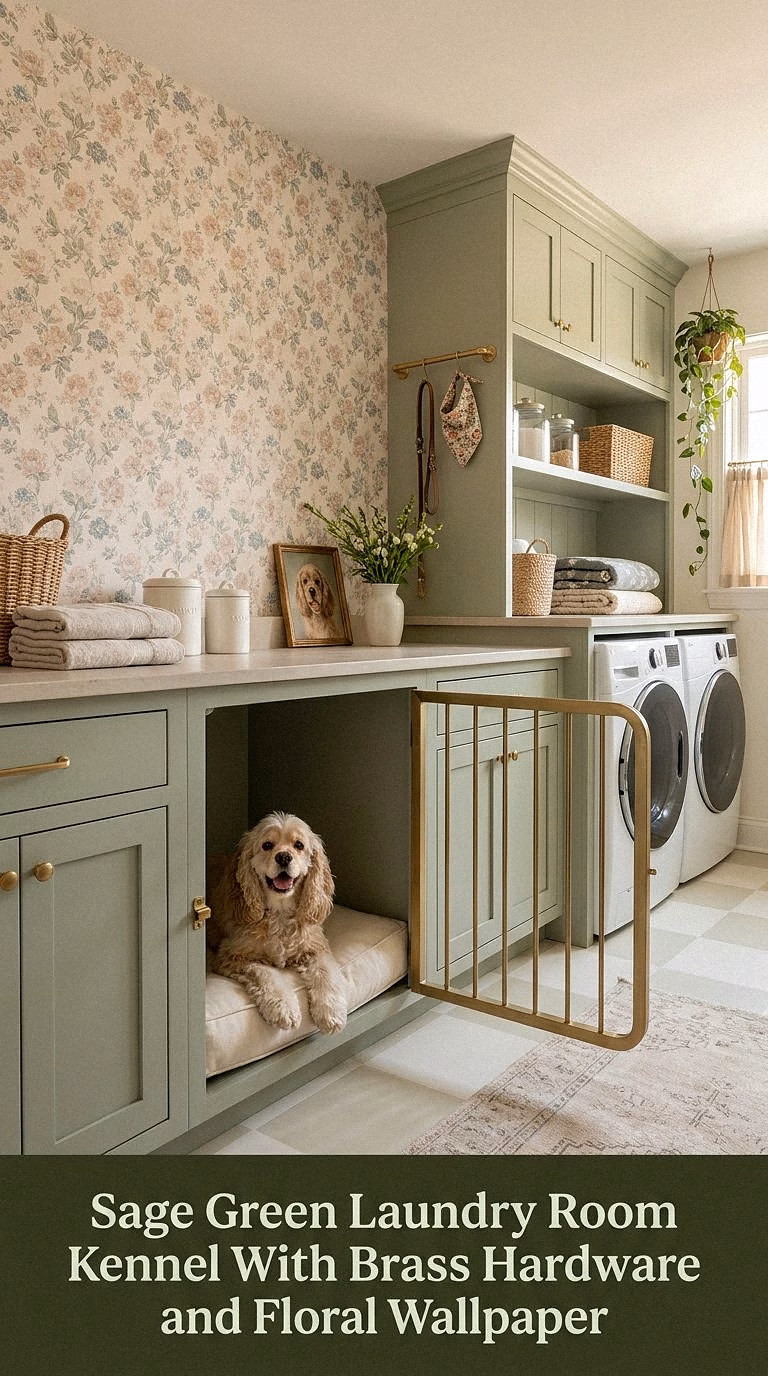 3. Sage Green Laundry Room Kennel With Brass Hardware and Floral Wallpaper