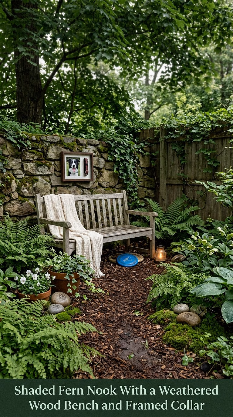 3. Shaded Fern Nook With a Weathered Wood Bench and Framed Collar