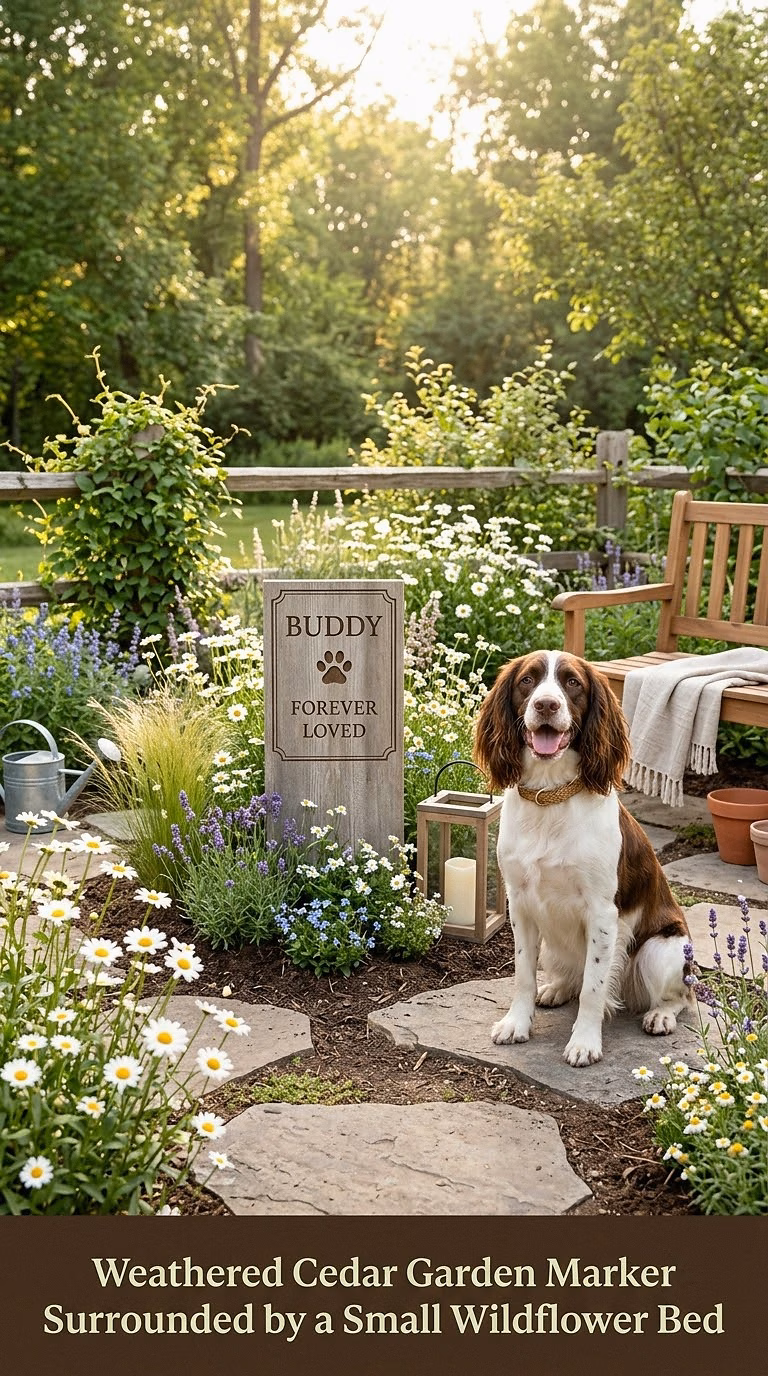 3. Weathered Cedar Garden Marker Surrounded by a Small Wildflower Bed