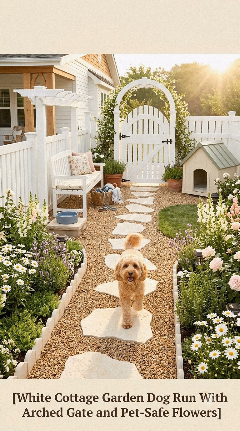 3. White Cottage Garden Dog Run With Arched Gate and Pet-Safe Flowers