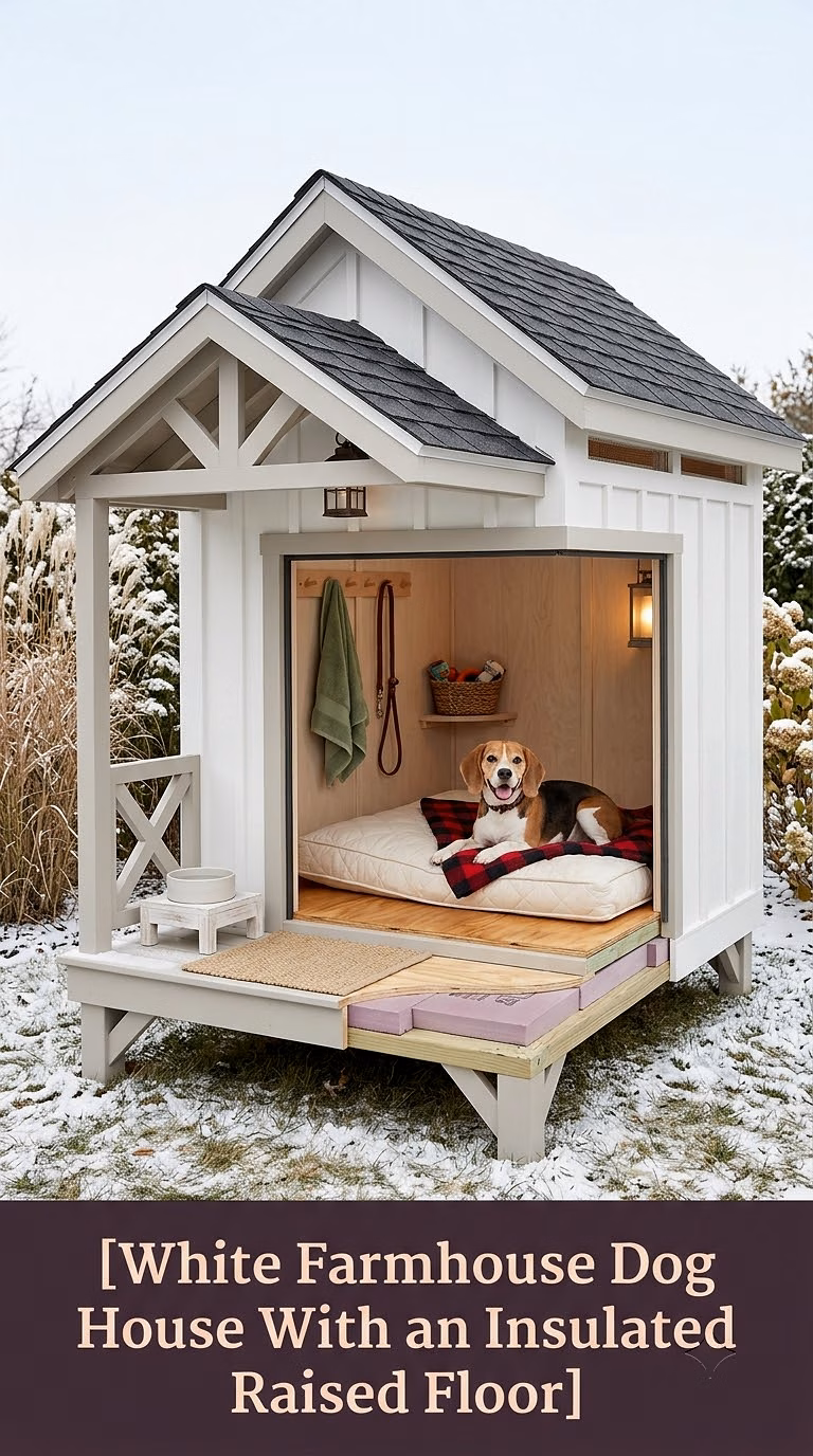 3. White Farmhouse Dog House With an Insulated Raised Floor