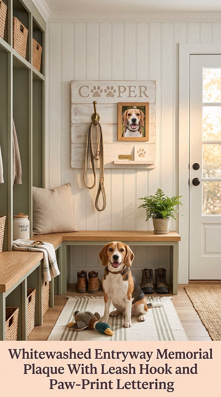3. Whitewashed Entryway Memorial Plaque With Leash Hook and Paw-Print Lettering