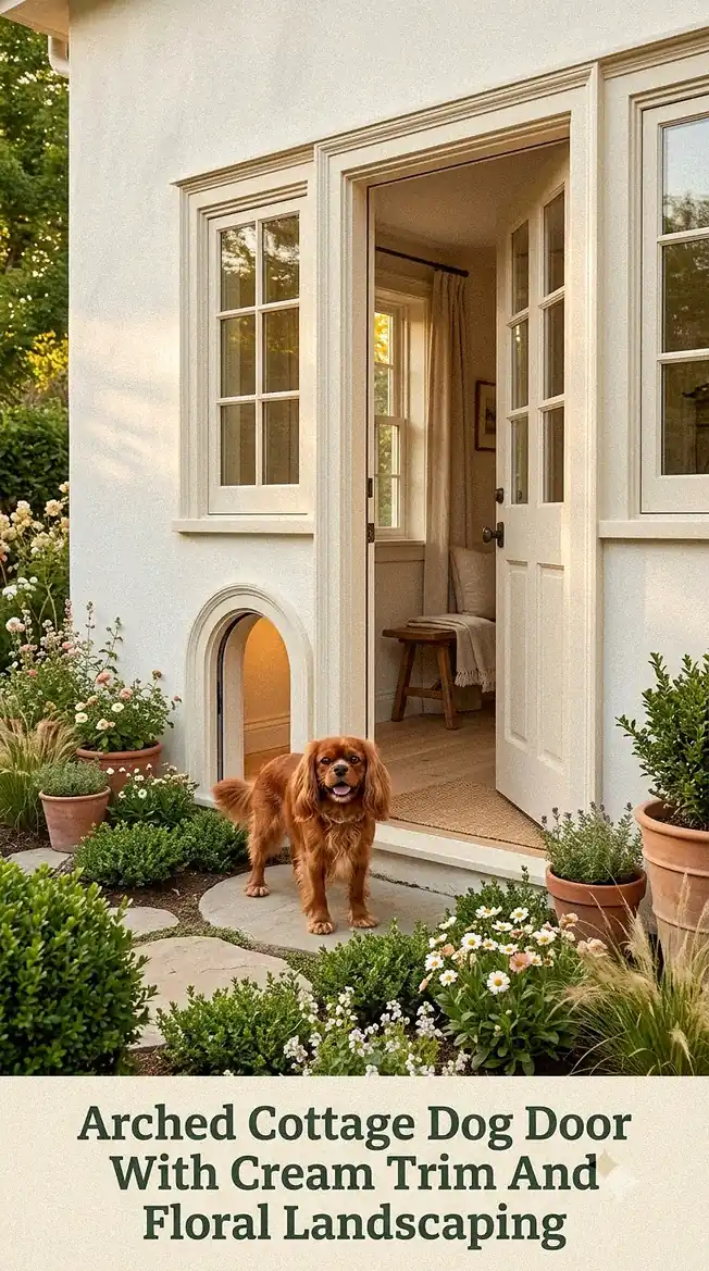Arched Cottage Dog Door With Cream Trim And Floral Landscaping