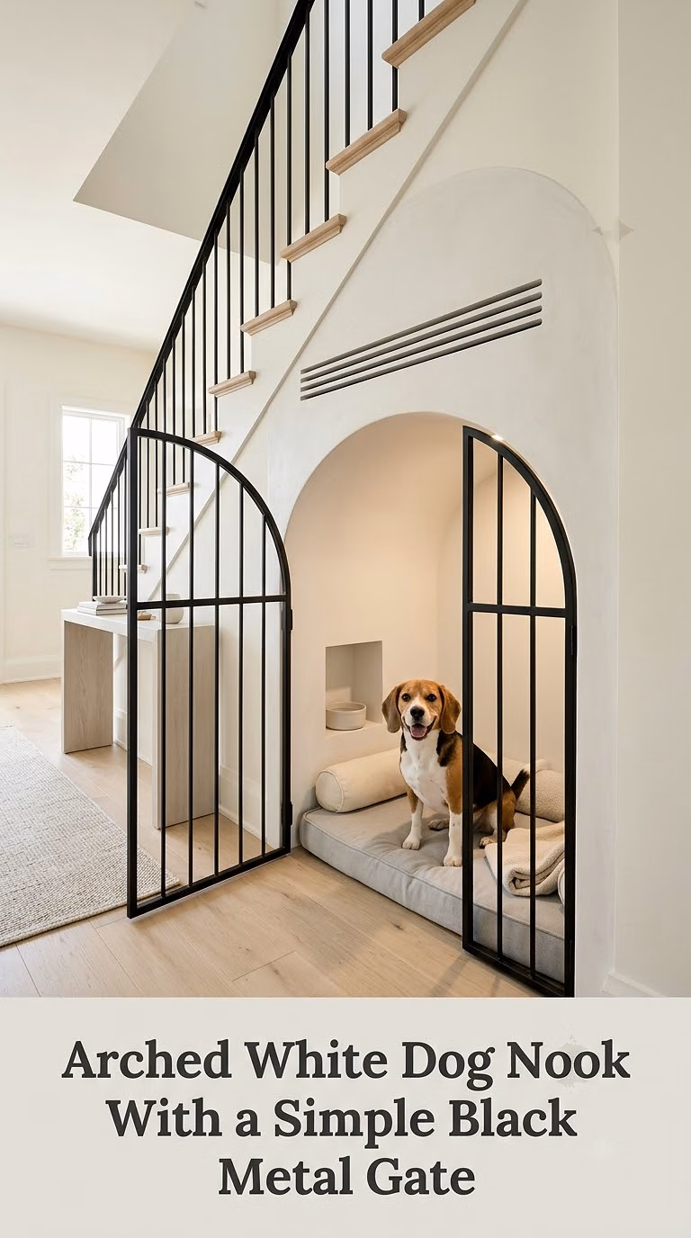 Arched White Dog Nook With a Simple Black Metal Gate