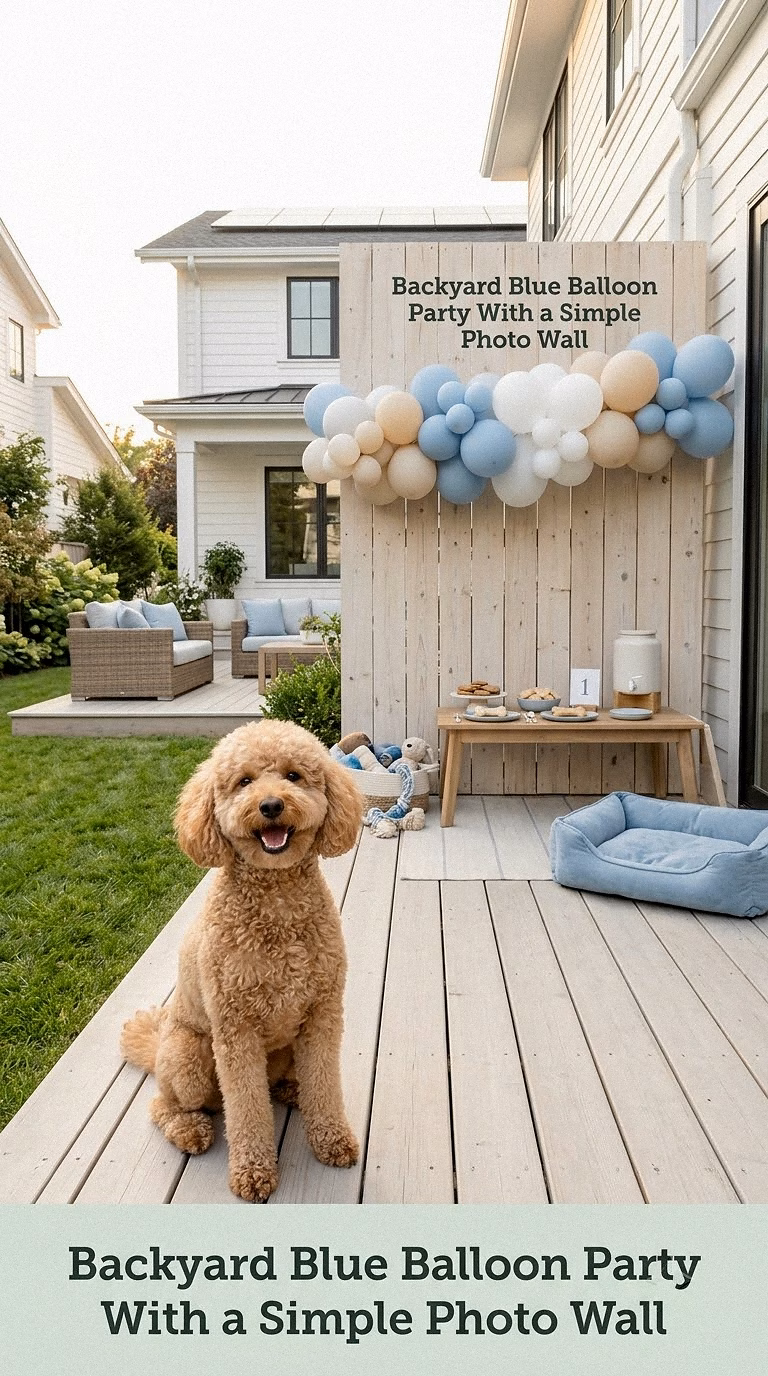Backyard Blue Balloon Party With a Simple Photo Wall