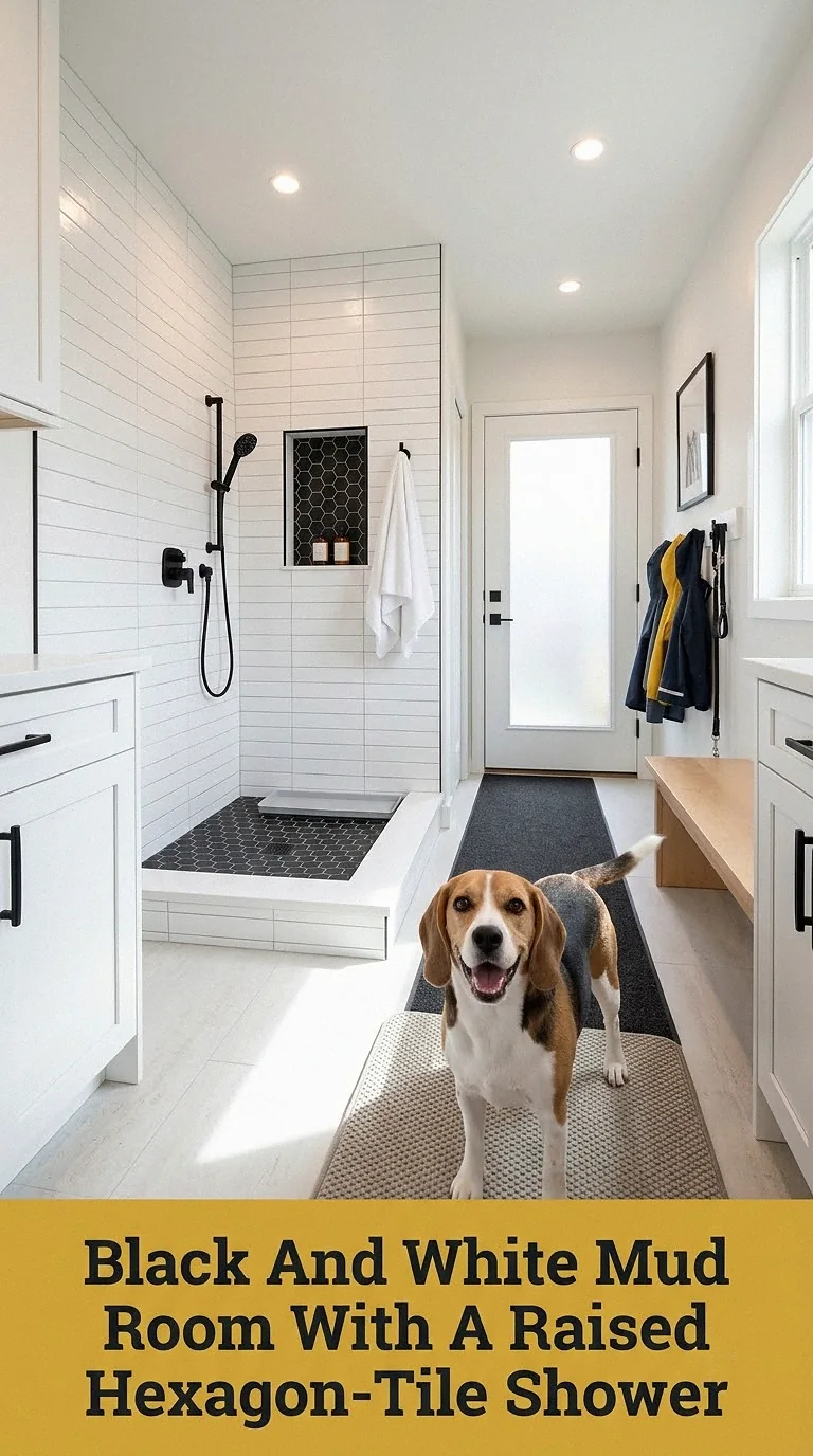 Black And White Mud Room With A Raised Hexagon-Tile Shower