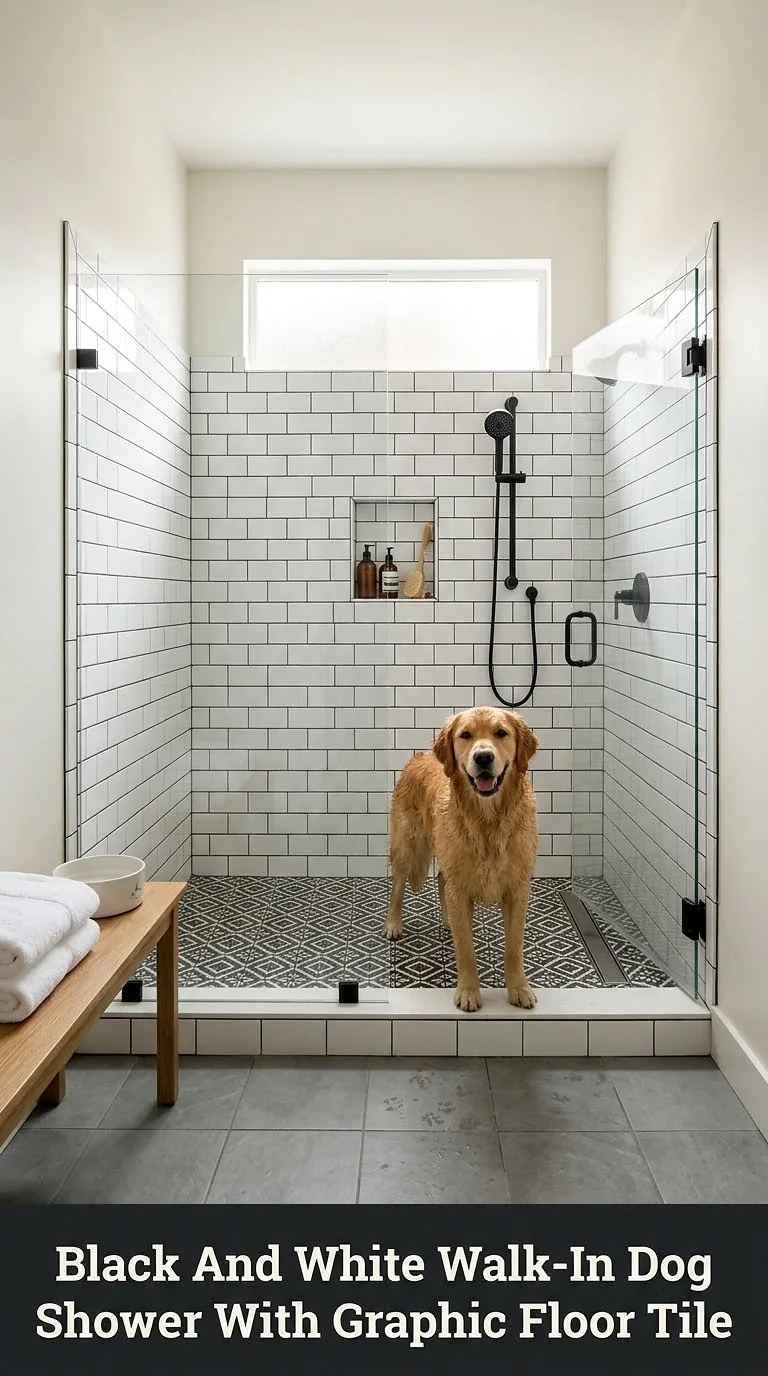 Black And White Walk-In Dog Shower With Graphic Floor Tile