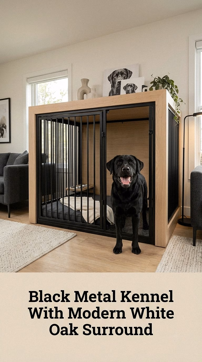Black Metal Kennel With Modern White Oak Surround