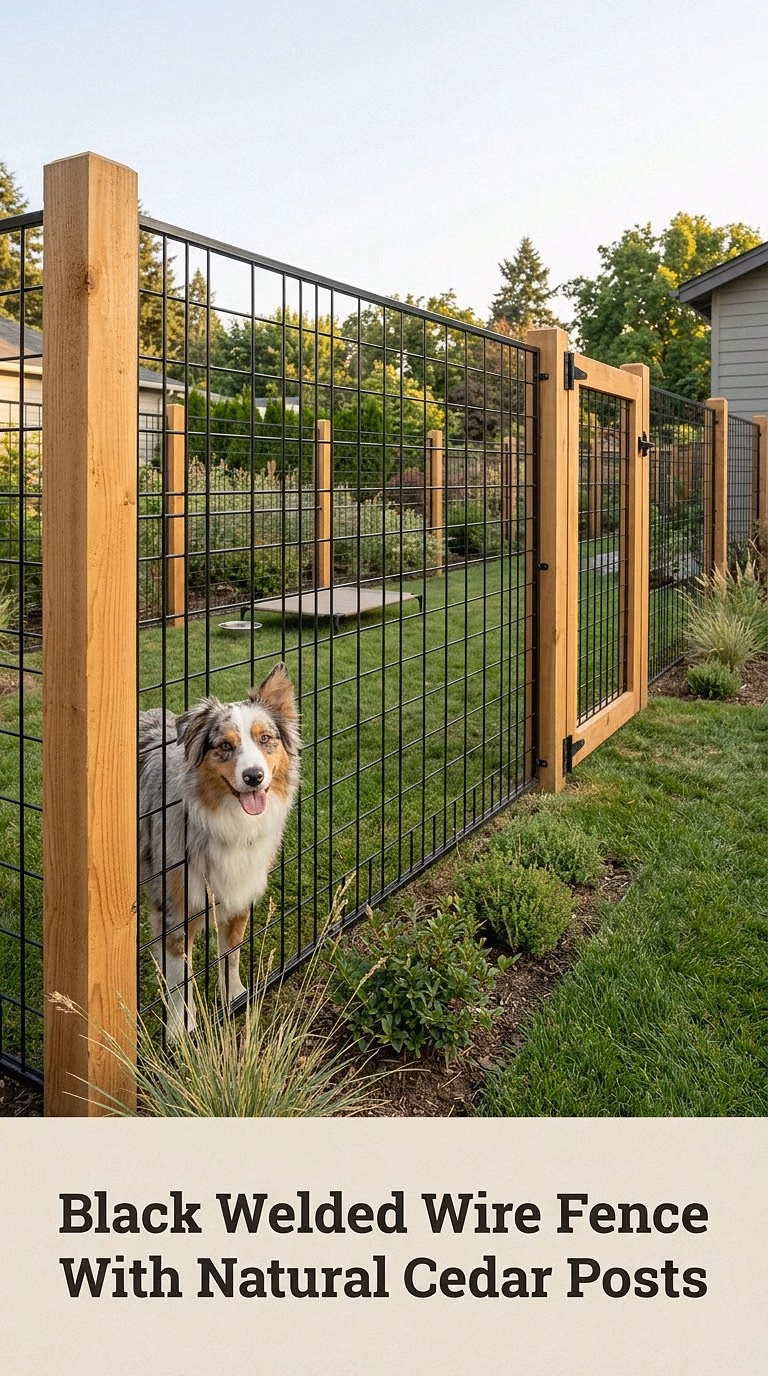Black Welded Wire Fence With Natural Cedar Posts