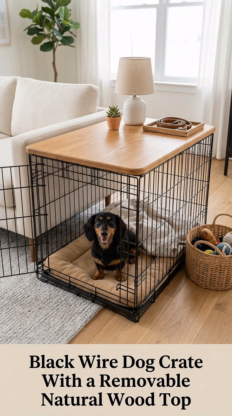 Black Wire Dog Crate With a Removable Natural Wood Top