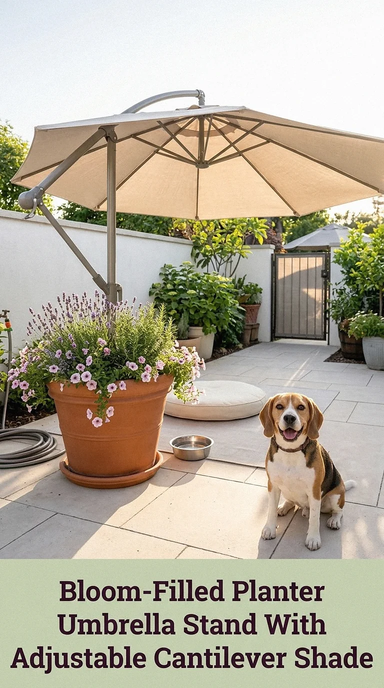 Bloom-Filled Planter Umbrella Stand With Adjustable Cantilever Shade