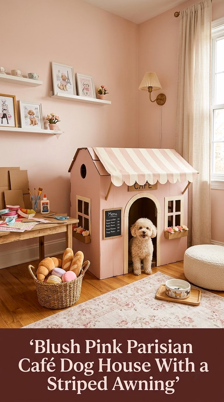 Blush Pink Parisian Café Dog House With a Striped Awning
