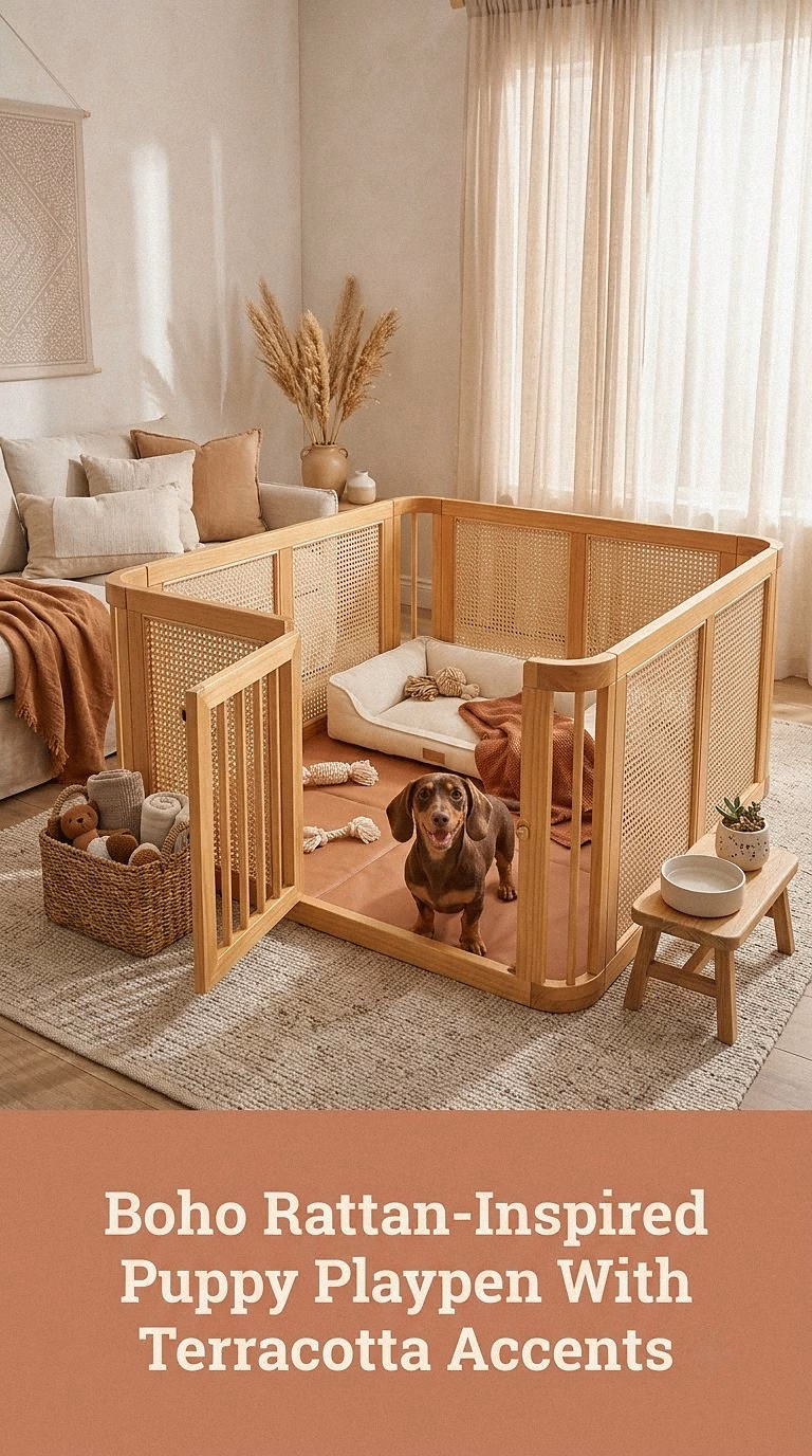 Boho Rattan-Inspired Puppy Playpen With Terracotta Accents