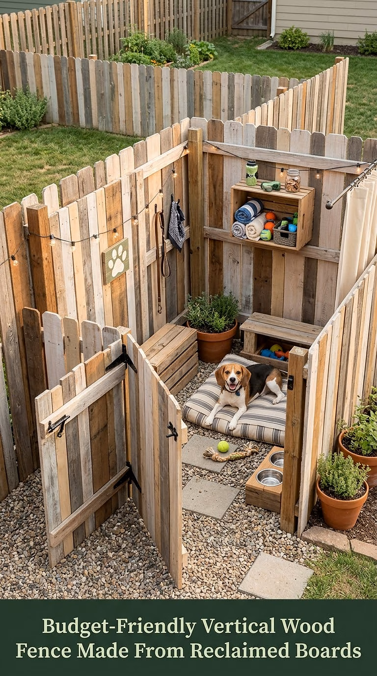 3. Budget-Friendly Vertical Wood Fence Made From Reclaimed Boards