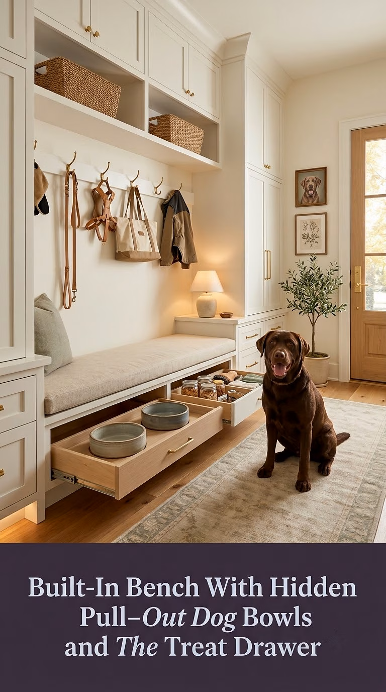3. Built-In Bench With Hidden Pull-Out Dog Bowls and Treat Drawer