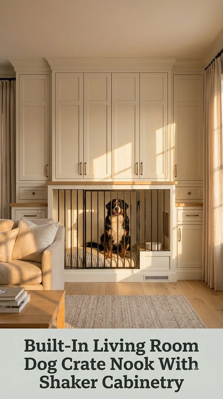 Built-In Living Room Dog Crate Nook With Shaker Cabinetry