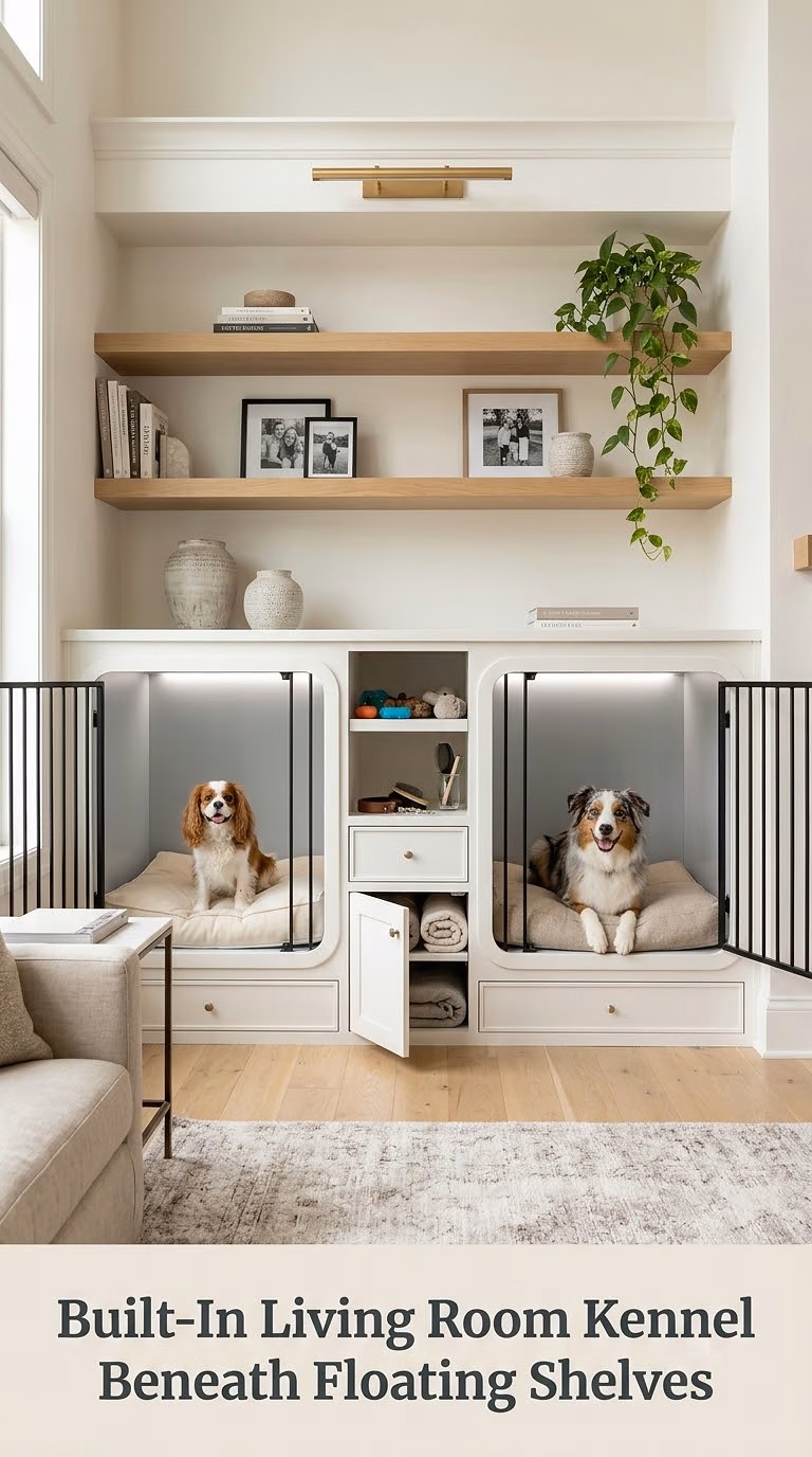 Built-In Living Room Kennel Beneath Floating Shelves