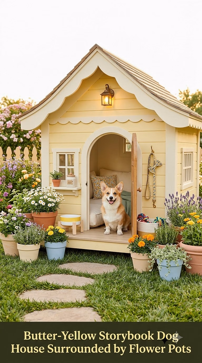 3. Butter-Yellow Storybook Dog House Surrounded by Flower Pots