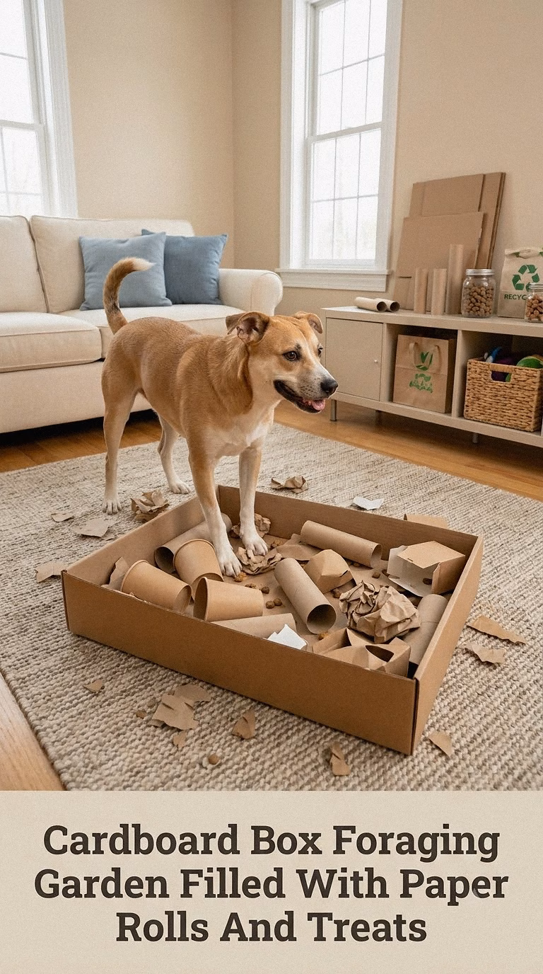 Cardboard Box Foraging Garden Filled With Paper Rolls And Treats