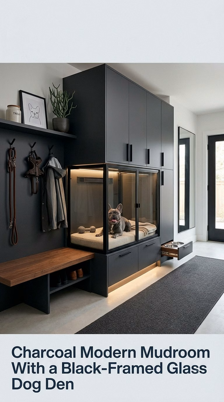 Charcoal Modern Mudroom With a Black-Framed Glass Dog Den