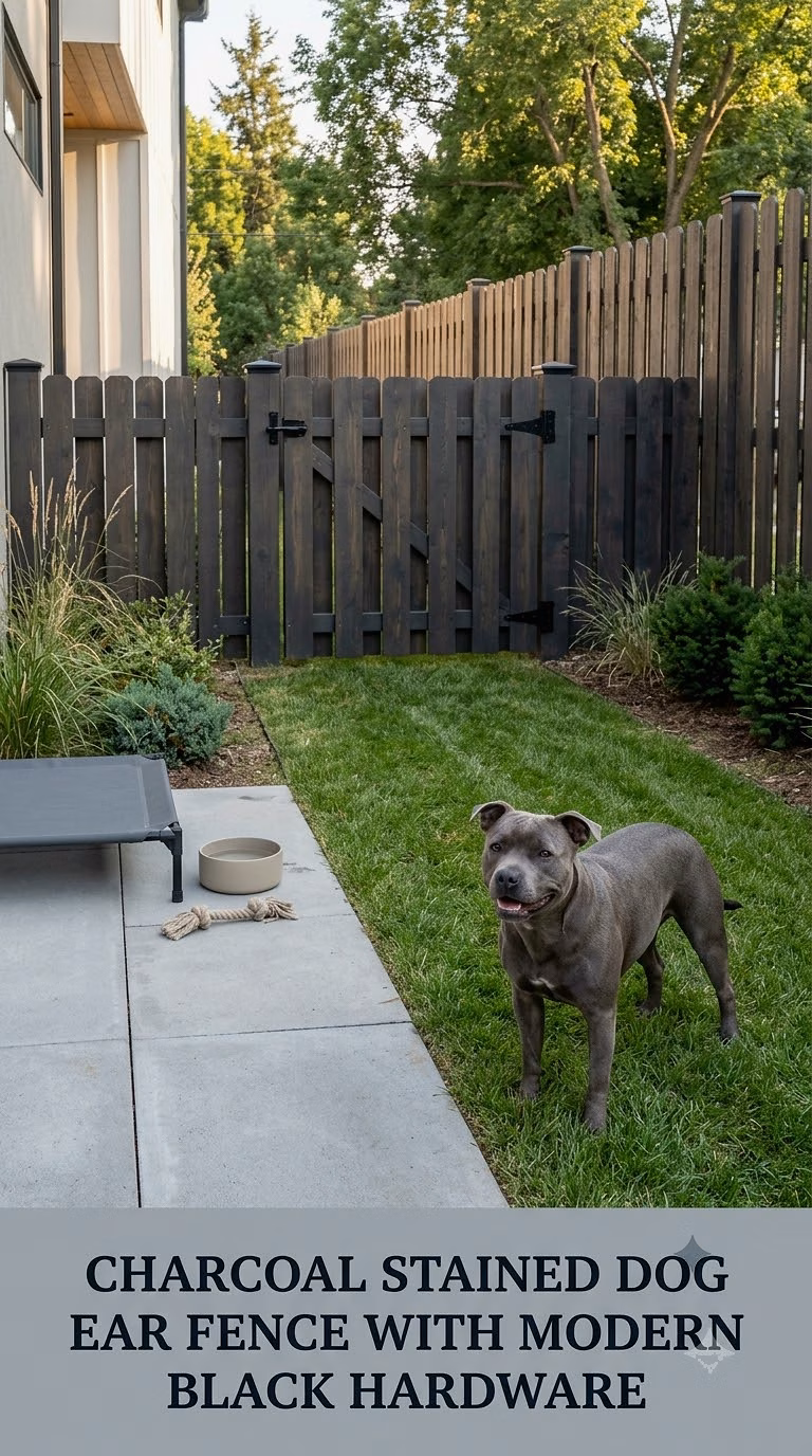Charcoal Stained Dog Ear Fence With Modern Black Hardware