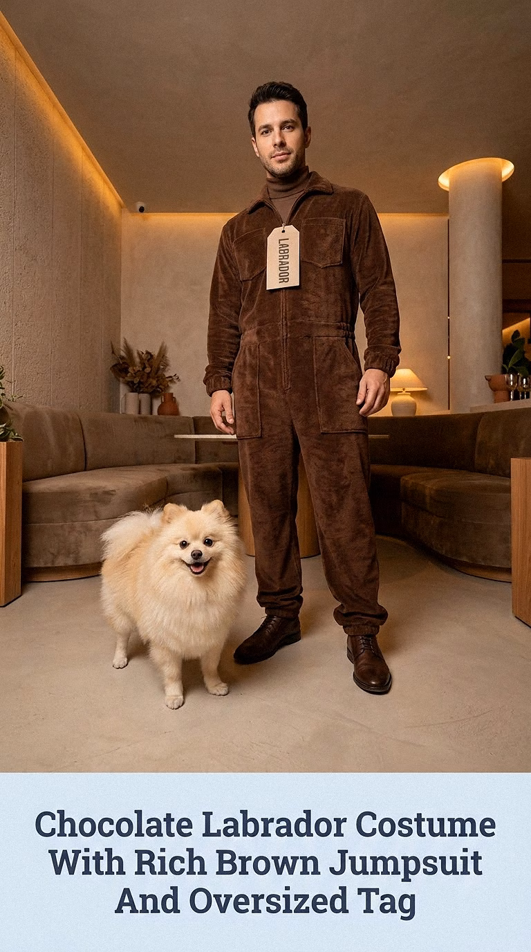 Chocolate Labrador Costume With Rich Brown Jumpsuit And Oversized Tag