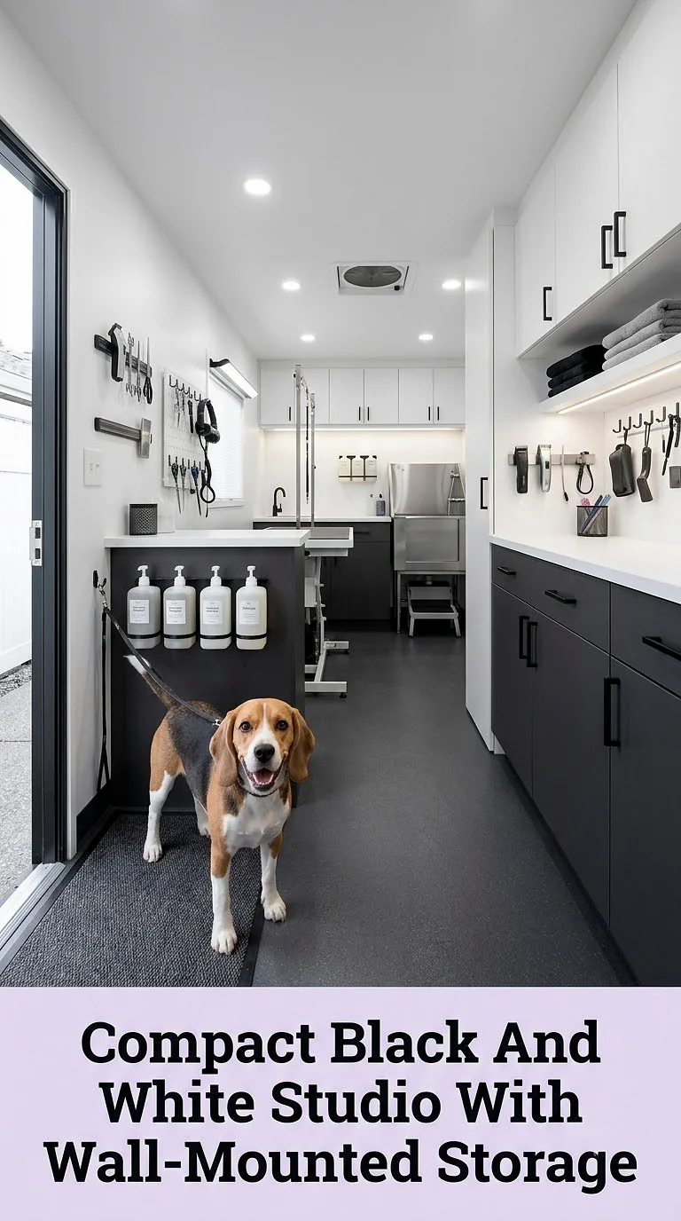 Compact Black And White Studio With Wall-Mounted Storage