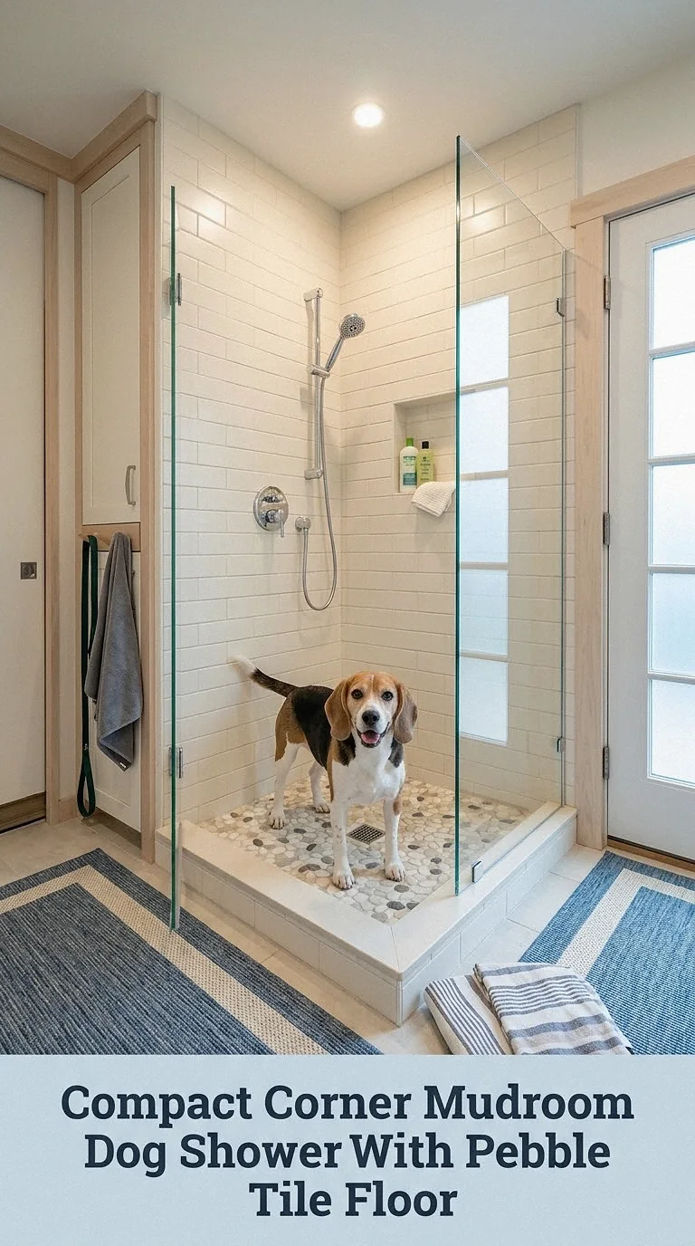 Compact Corner Mudroom Dog Shower With Pebble Tile Floor