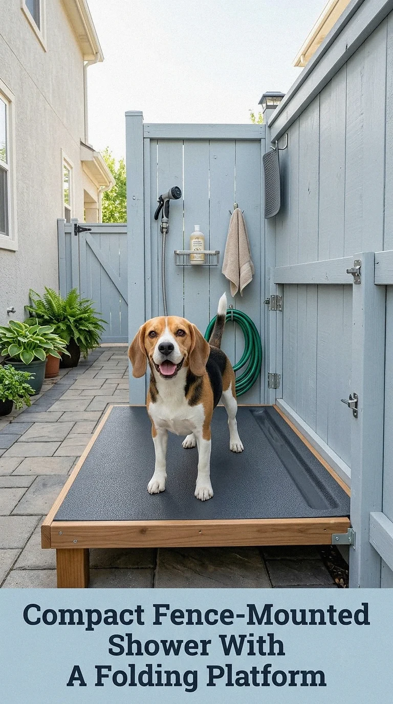 Compact Fence-Mounted Shower With A Folding Platform