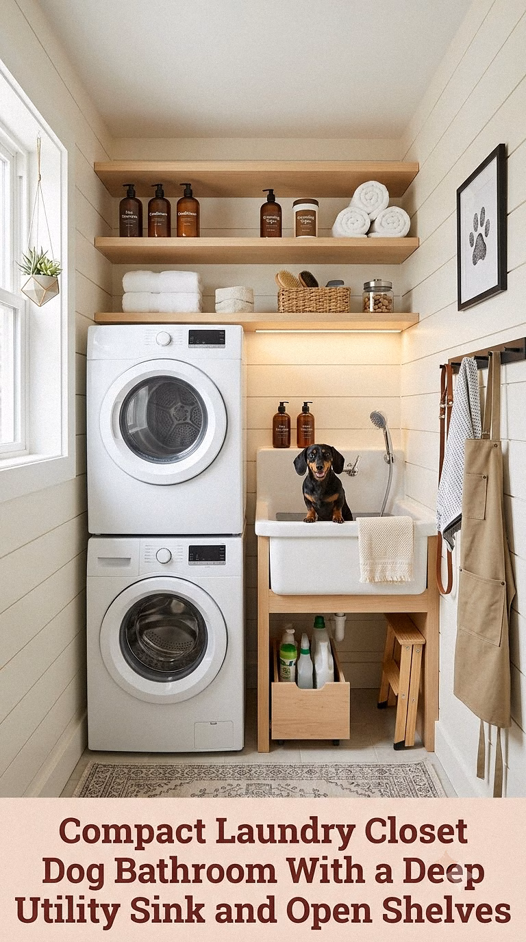 3. Compact Laundry Closet Dog Bathroom With a Deep Utility Sink and Open Shelves