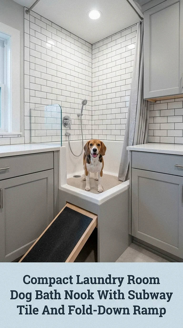 Compact Laundry Room Dog Bath Nook With Subway Tile And Fold-Down Ramp