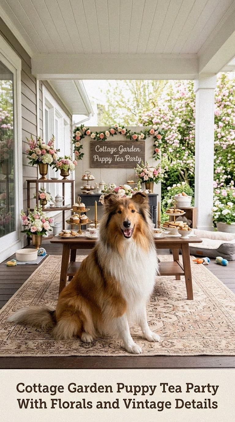 Cottage Garden Puppy Tea Party With Florals and Vintage Details