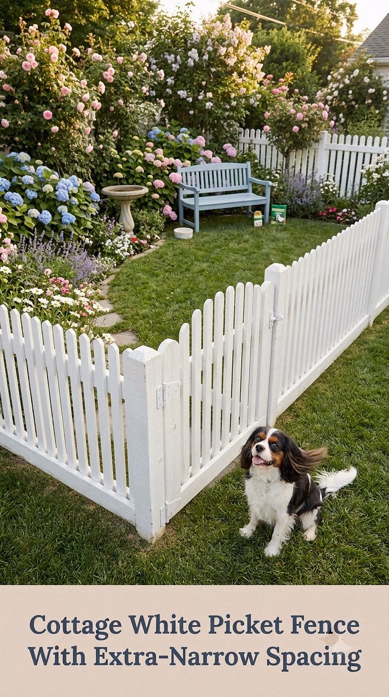 Cottage White Picket Fence With Extra-Narrow Spacing