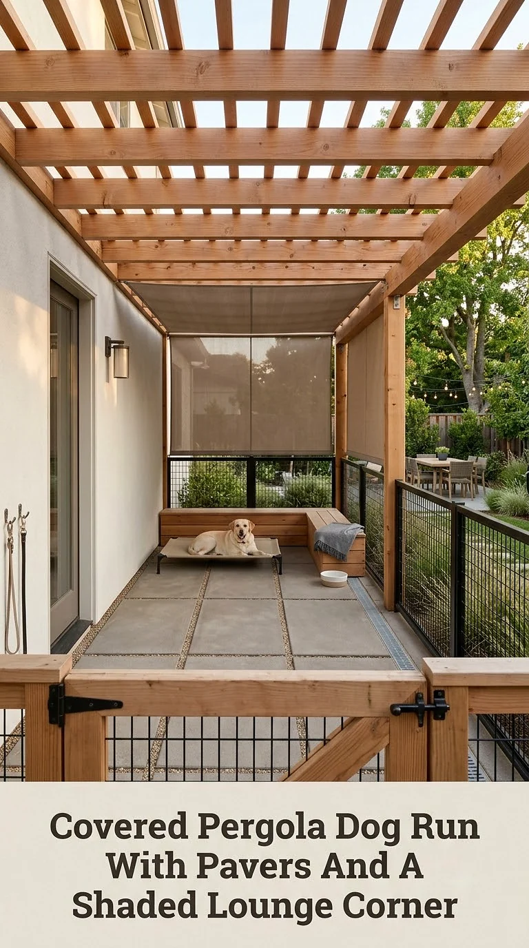 Covered Pergola Dog Run With Pavers And A Shaded Lounge Corner