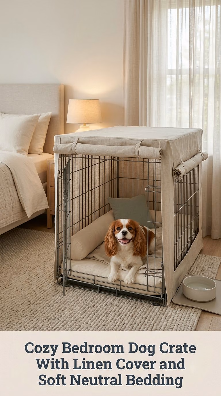 Cozy Bedroom Dog Crate With Linen Cover and Soft Neutral Bedding