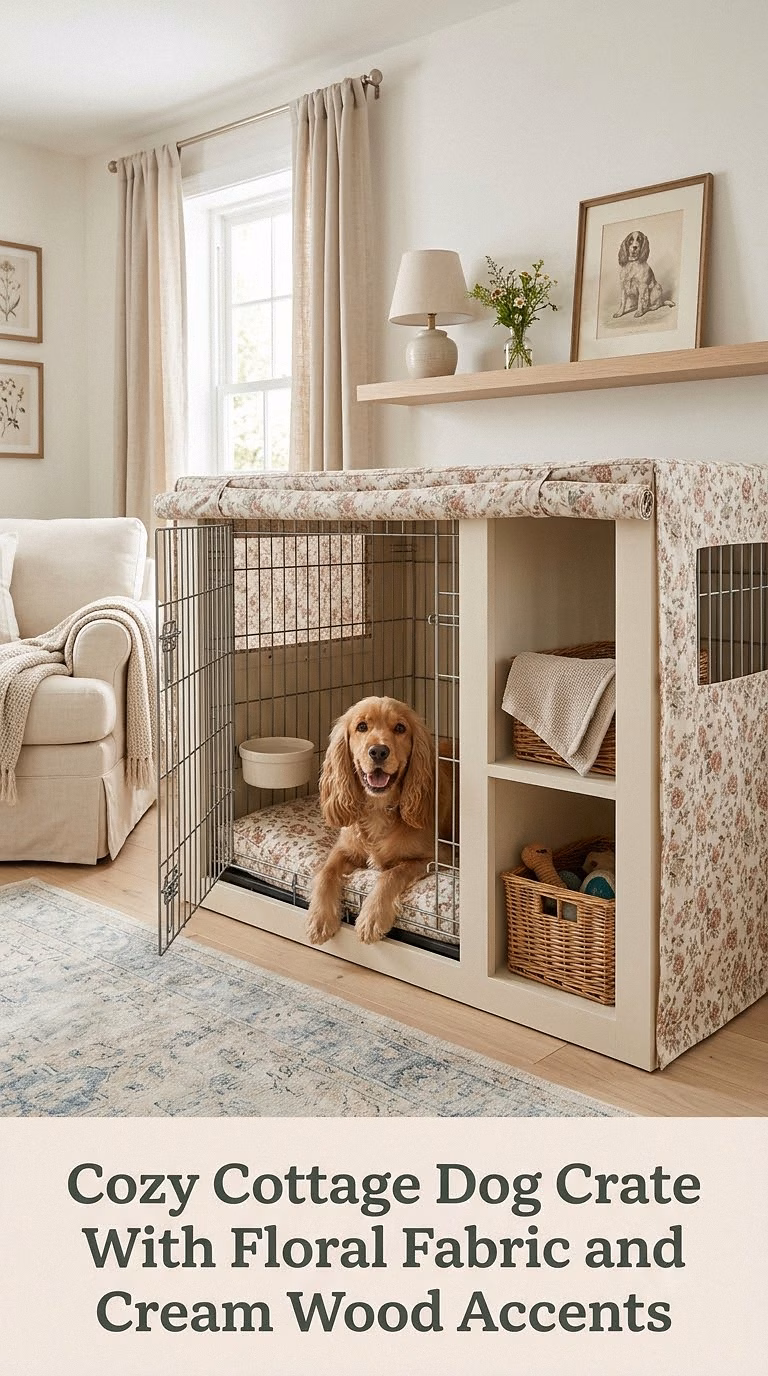 Cozy Cottage Dog Crate With Floral Fabric and Cream Wood Accents
