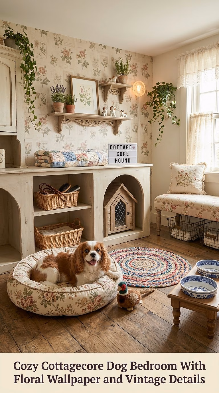 3. Cozy Cottagecore Dog Bedroom With Floral Wallpaper and Vintage Details