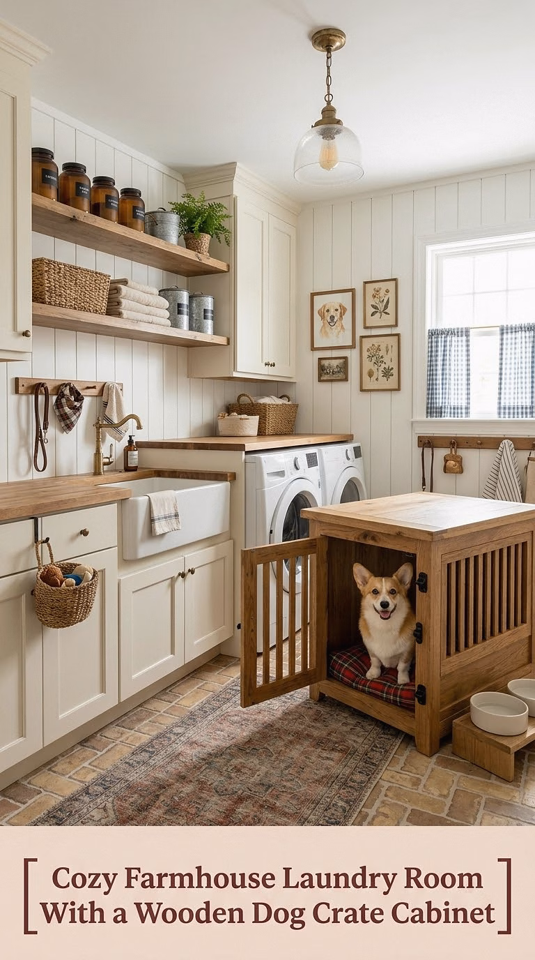 3. Cozy Farmhouse Laundry Room With a Wooden Dog Crate Cabinet