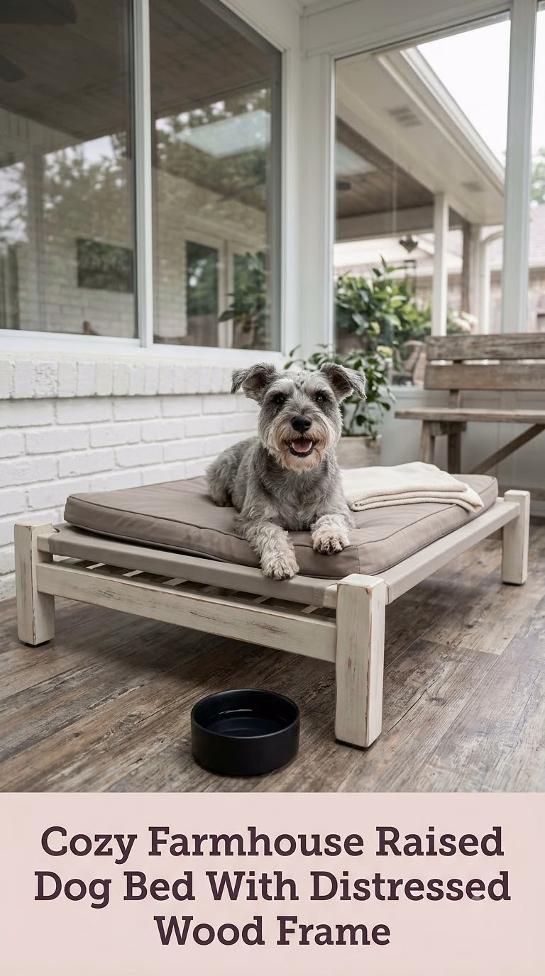 Cozy Farmhouse Raised Dog Bed With Distressed Wood Frame