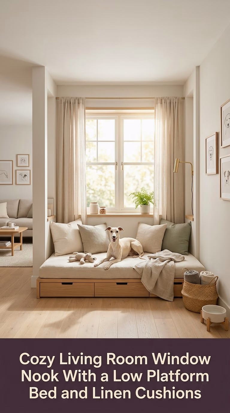 3. Cozy Living Room Window Nook With a Low Platform Bed and Linen Cushions