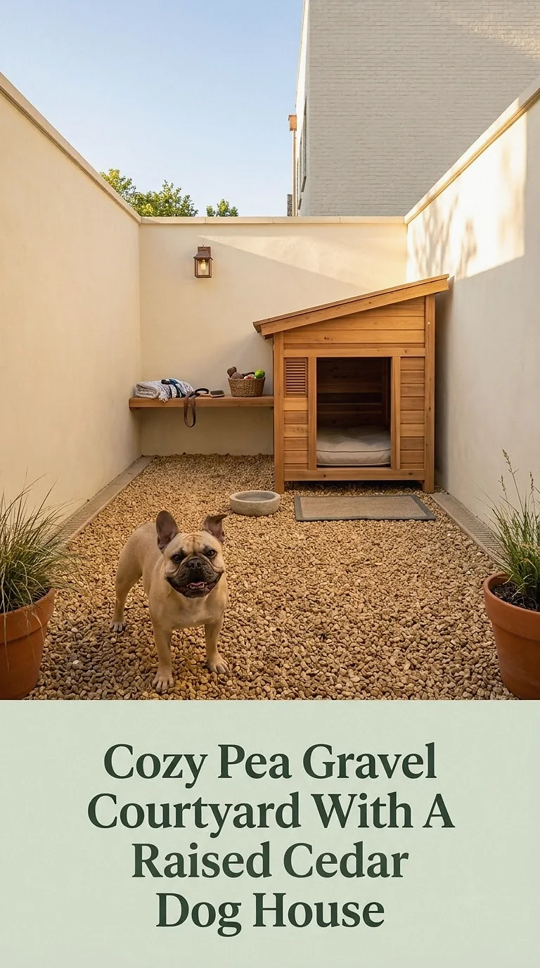Cozy Pea Gravel Courtyard With A Raised Cedar Dog House