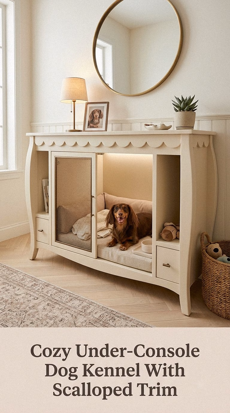 Cozy Under-Console Dog Kennel With Scalloped Trim