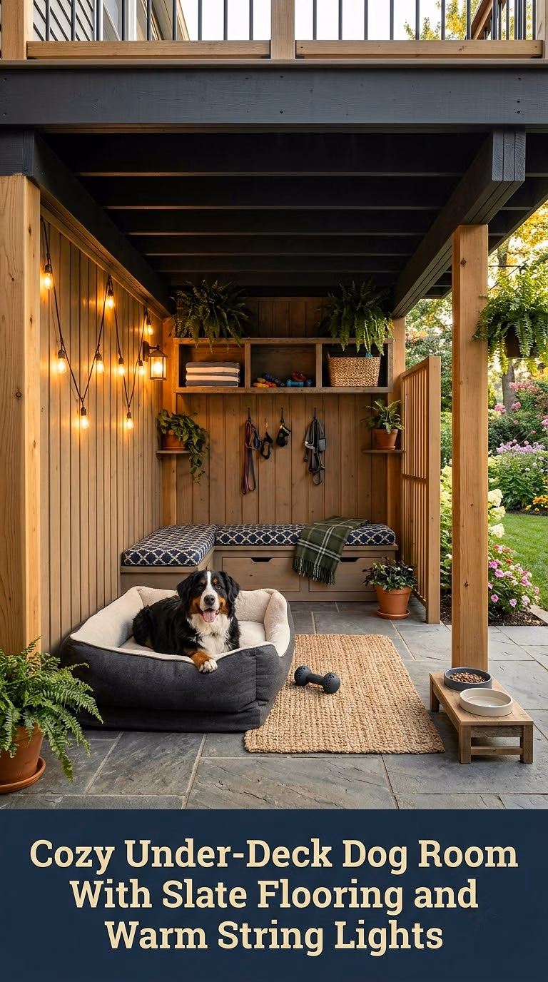 3. Cozy Under-Deck Dog Room With Slate Flooring and Warm String Lights