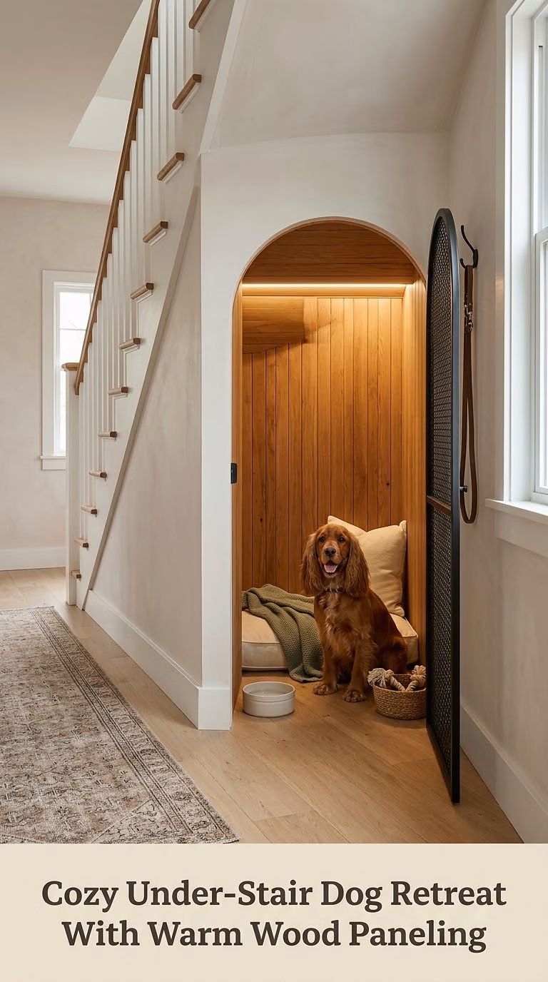 Cozy Under-Stair Dog Retreat With Warm Wood Paneling