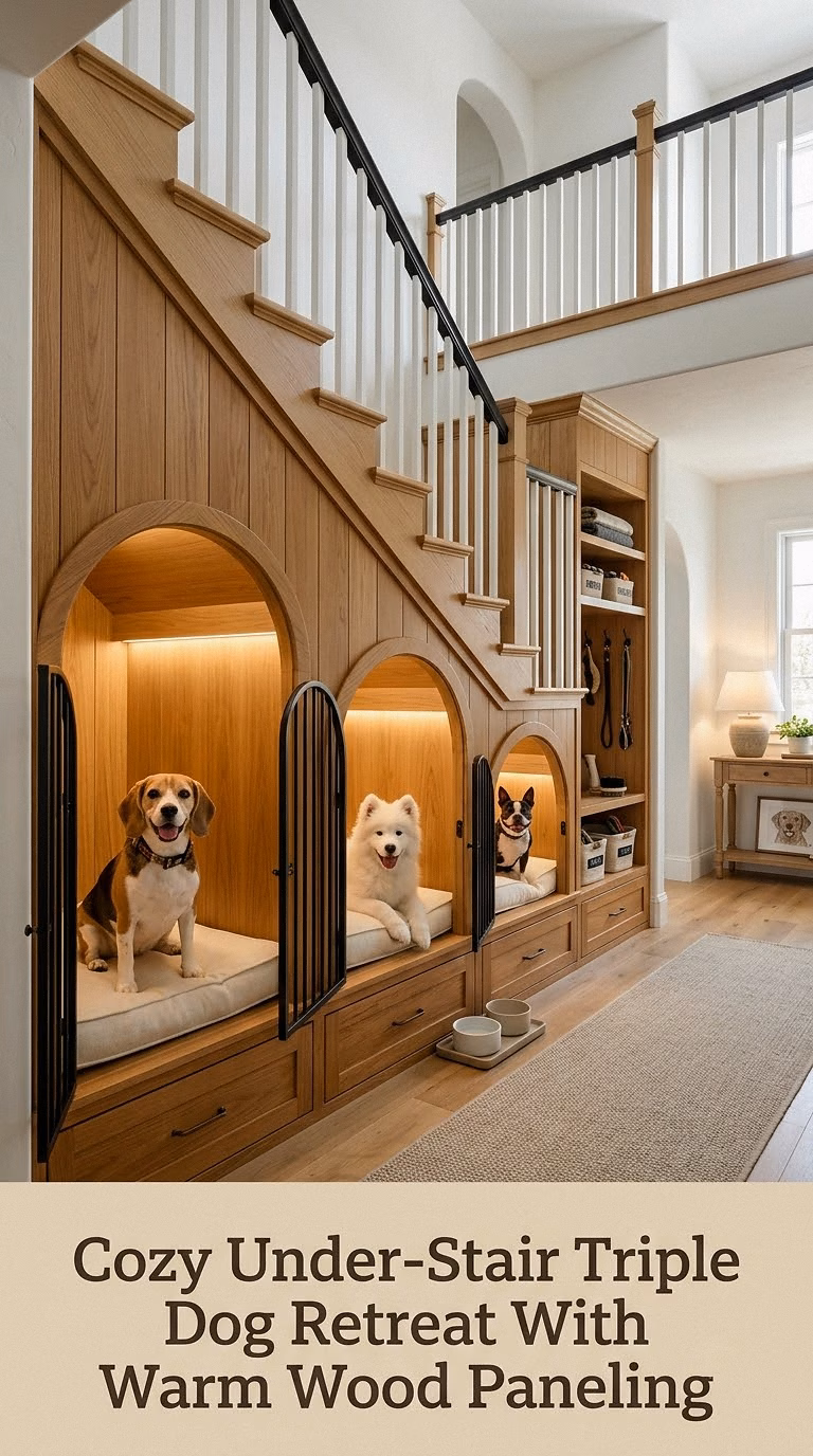 Cozy Under-Stair Triple Dog Retreat With Warm Wood Paneling