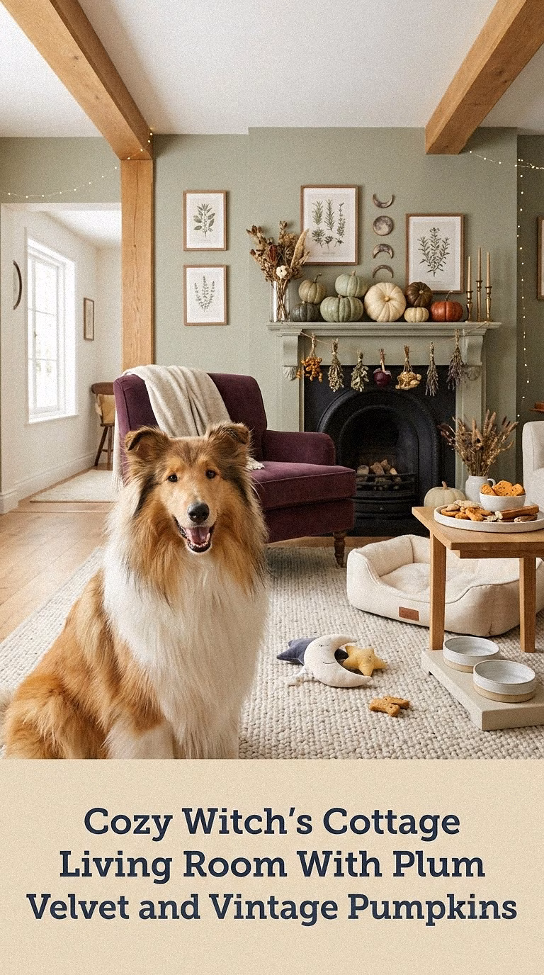 Cozy Witch's Cottage Living Room With Plum Velvet and Vintage Pumpkins